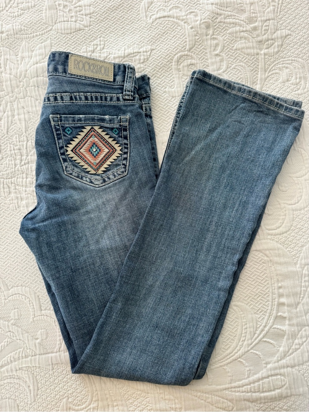 Rock & Roll Girls' Blue Embroidered Pocket Bootcut Jeans